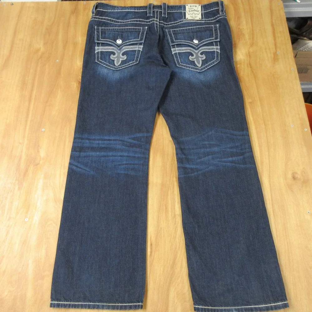 ROCK REVIVAL Mario Straight Leg Jeans 40 (42) X 33 Dark‎ Wash Denim Fleur-de-lis